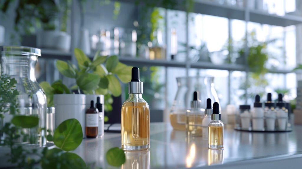 Odos priežiūros produktų indelių prezentacija laboratorijoje, žali augalų lapai.