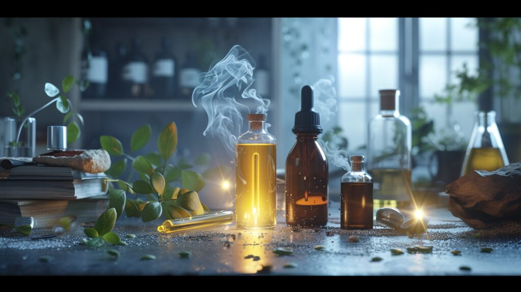 Odos priežiūros produktų indelių prezentacija, konservantai, dūmai, dulkės, lapai.