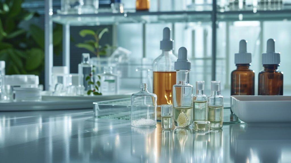 Odos priežiūros produktų indelių prezentacija laboratorijoje.