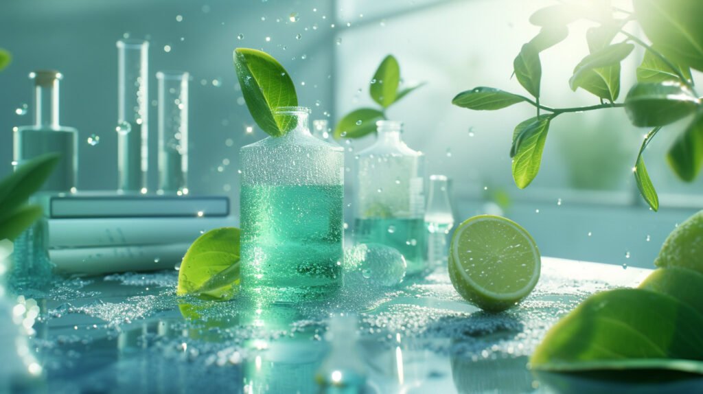 Odos priežiūros produktų indelių prezentacija, citrina, šerkšnas, ph reguliatoriai.