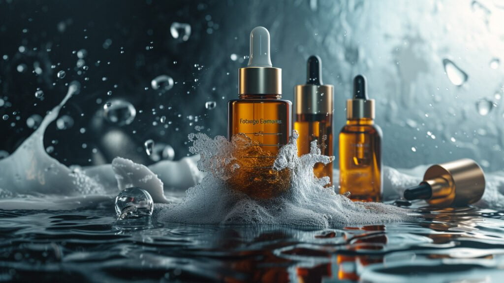 Odos priežiūros produktų indelių prezentacija vandens pursluose.