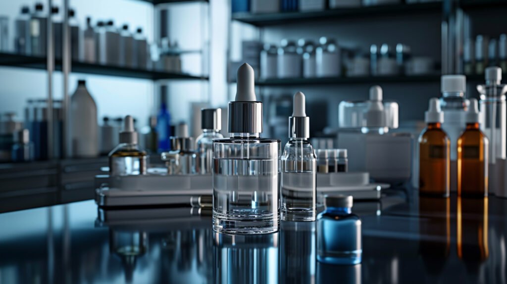 Odos priežiūros produktų indeliai laboratorijoje, tamsus apšvietimas.