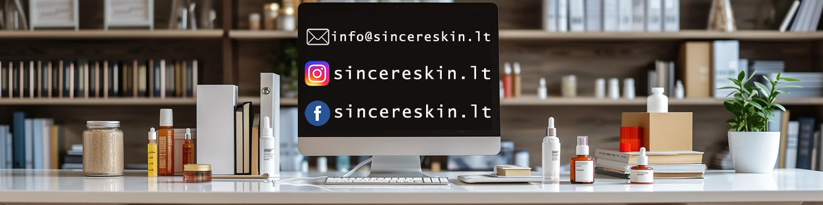 sincereskin.lt instagram ir facebook puslapiai, kompiuterio ekrane ant stalo