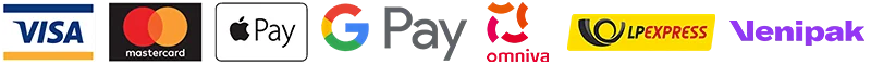 Visa, Mastercard, Apple Pay, Google Pay, Omniva, LP Express, Venipak makseviiside ja kullerite logod